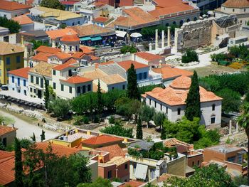 High angle view of houses in town