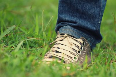 Low section of person wearing shoes on field