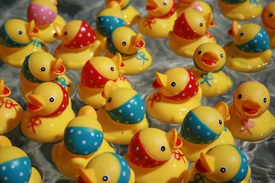 High angle view of rubber ducks for sale