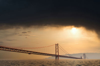 Suspension bridge over sea against sky during sunset