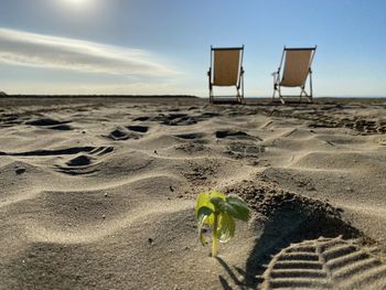 Close-up of footprints on sand at beach against sky