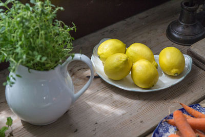 High angle view of fruits in bowl on table