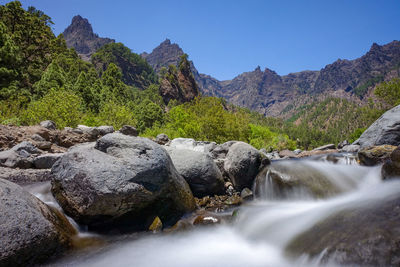 Scenic view of waterfall against clear sky