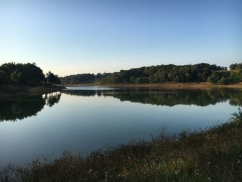 Scenic view of lake against clear blue sky