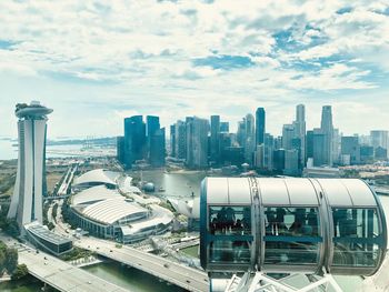 High angle view of buildings in city against sky