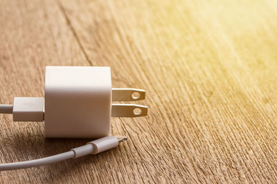 High angle view of smart phone on table