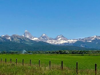 Scenic view of snowcapped mountains against clear sky