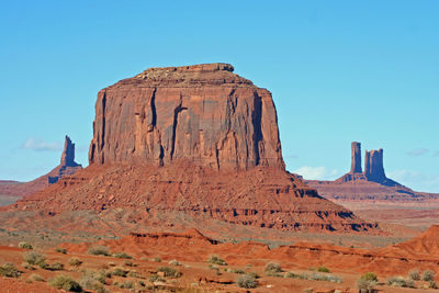 View of rock formations against clear blue sky