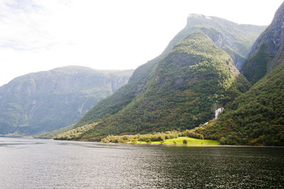 Scenic view of river amidst mountains against sky