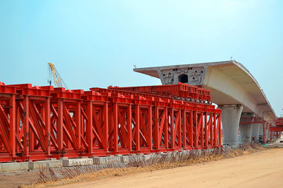 Red building against clear blue sky