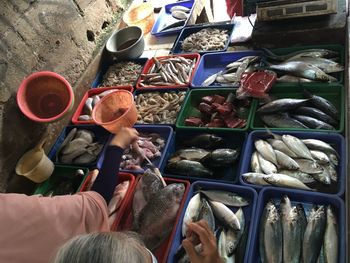 High angle view of fish for sale in market