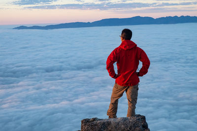 Rear view of man standing on mountain against sky