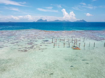 Blue azure turquoise lagoon with corals. pulau bum bum island in sampoerna, sabah, malaysia.