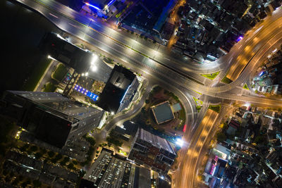 High angle view of illuminated cityscape at night