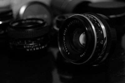 Camera lenses on table