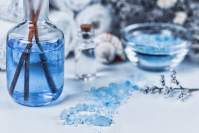 Close-up of objects on table at spa