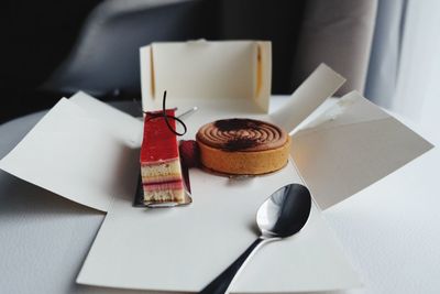 High angle view of dessert in plate on table