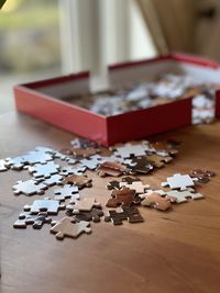 High angle view of christmas decorations on table