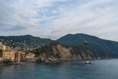 Scenic view of sea by mountains against sky