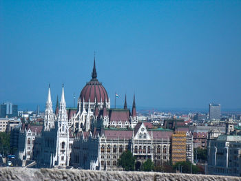 View of cityscape against clear blue sky