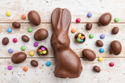 High angle view of easter chocolates on table