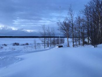 Bare trees on snowy field against cloudy sky