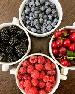 High angle view of strawberries in bowl on table