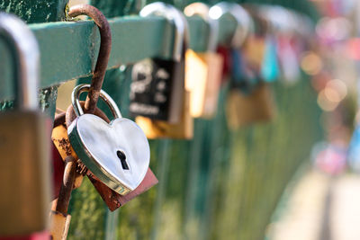 Close-up of padlocks hanging on metal chain