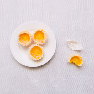 High angle view of dessert served on table