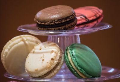 Close-up of macaroons on cakestand