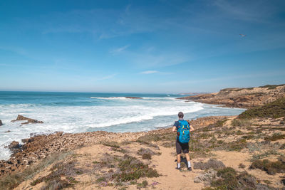 Rear view of man standing at beach against sky