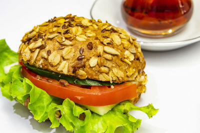 Close-up of breakfast served on table