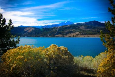 Scenic view of lake and mountains against sky