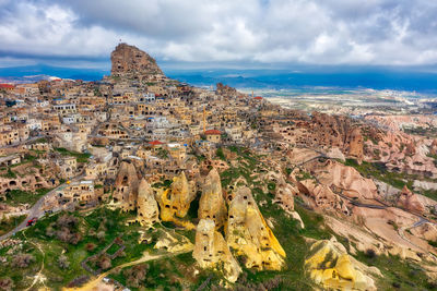 Aerial view of rock formations against sky