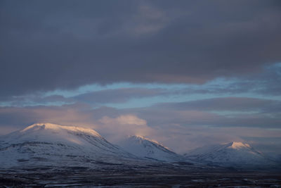 Scenic view of snowcapped mountains against sky during sunset