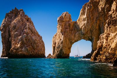 Scenic view of sea against clear blue sky