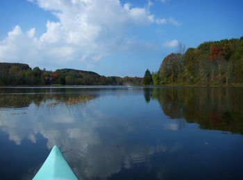 Scenic view of calm lake against cloudy sky