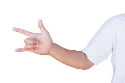 Low angle view of man hand over white background