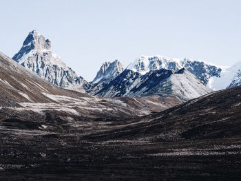 Scenic view of snowcapped mountains against clear sky