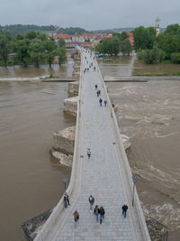 High angle view of people on bridge