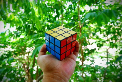 Close-up of hand holding toy against trees