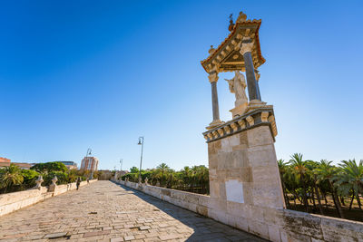 Low angle view of statue against clear blue sky