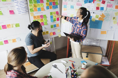 High angle view of businesswoman showing notes and explaining colleagues during meeting