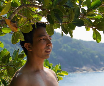 Portrait of young man looking away against trees