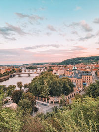 High angle view of river and bridges in prague