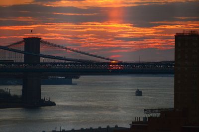 Suspension bridge over river during sunset