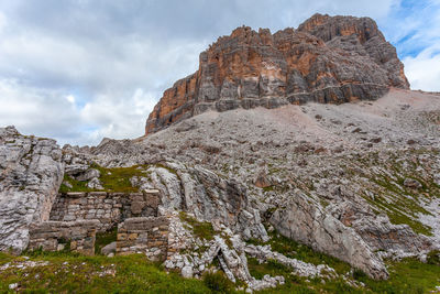 Low angle view of rock formations against cloudy sky