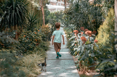 Rear view of child walking on footpath