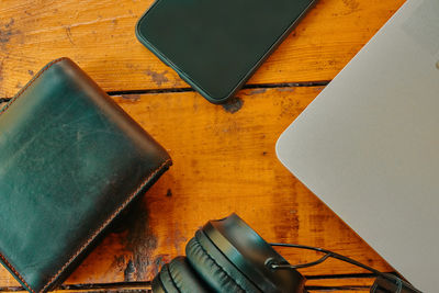 High angle view of smart phone on table