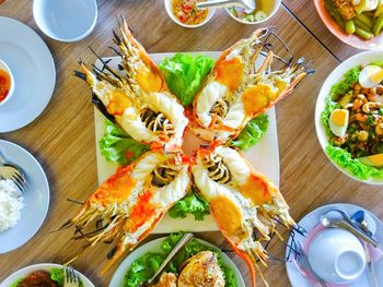 High angle view of meal served on table